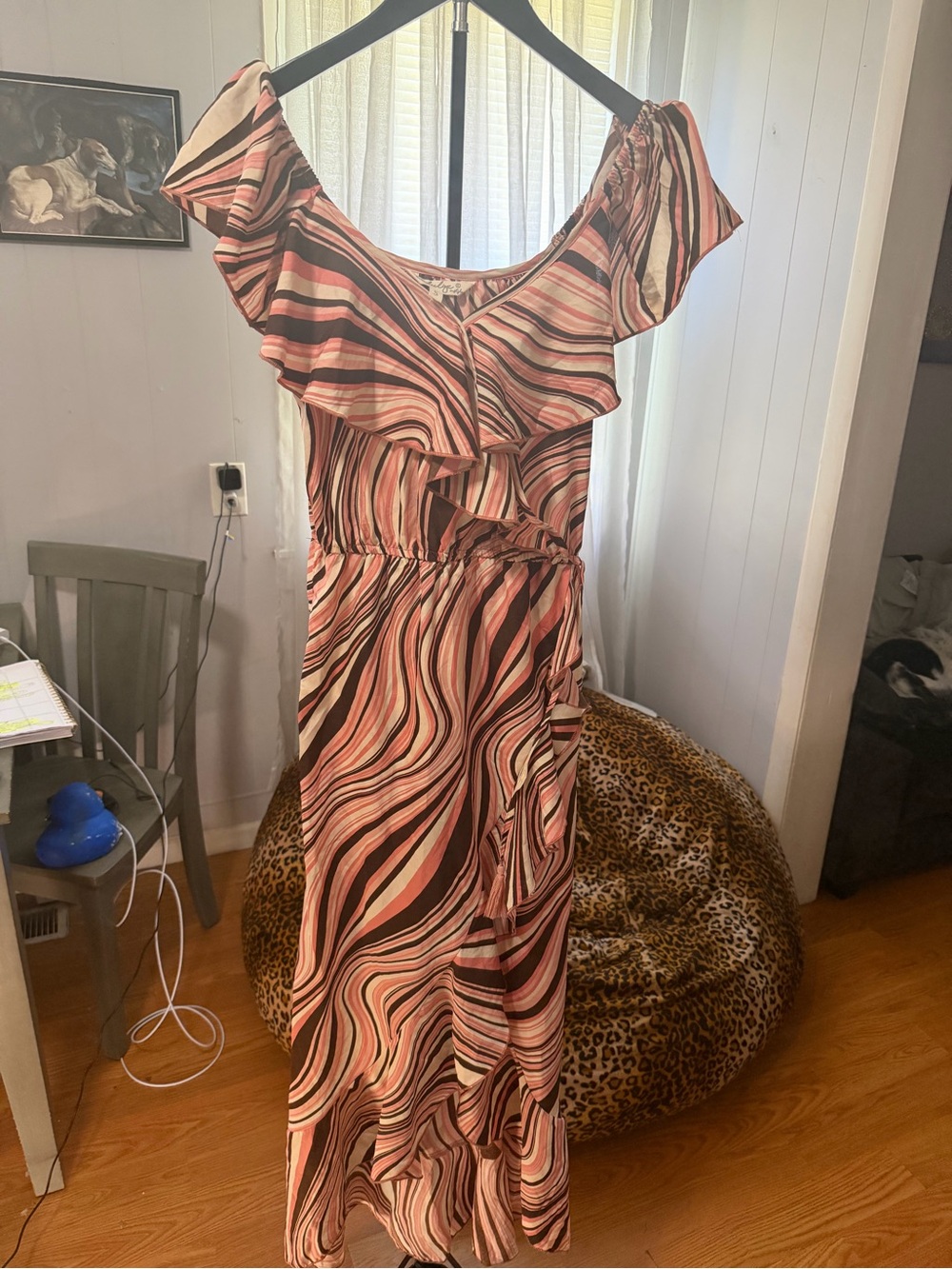 Indulge Instyle Off-Shoulder Ruffle Hem Midi Dress Pink Brown Swirl Small NWT